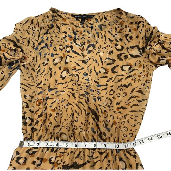 White House Black Market Long Sleeve Beige Animal Print Blouson Dress - Picture 13 of 16